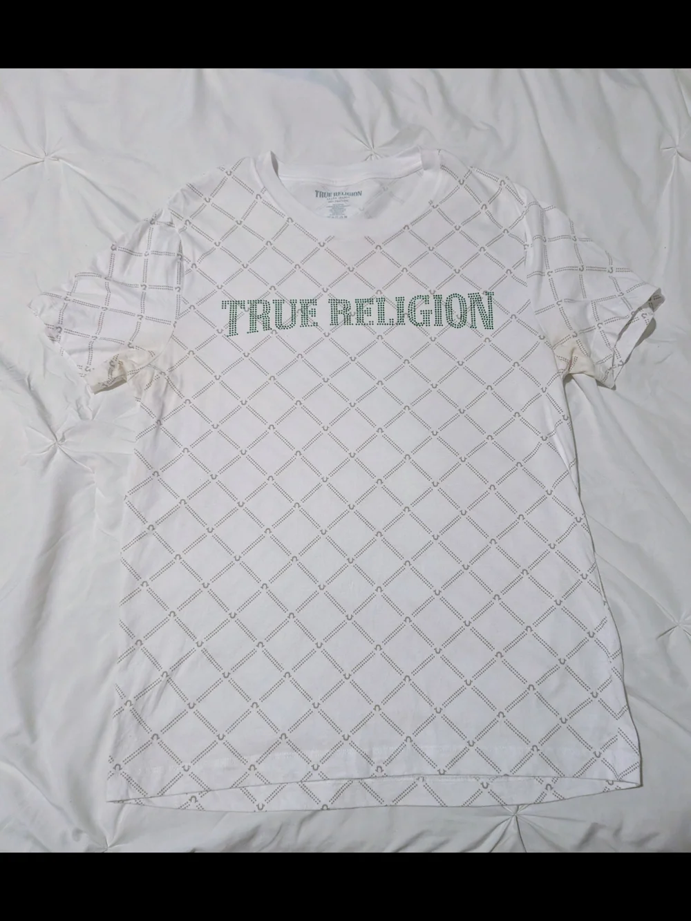 True Religion White Tee with Green Logo and Diamond Print
